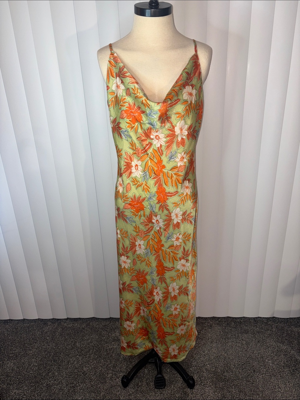 Evolutionary Floral Printed Cowl Neck Midi Slip Dress Lime Orange NWOT Large